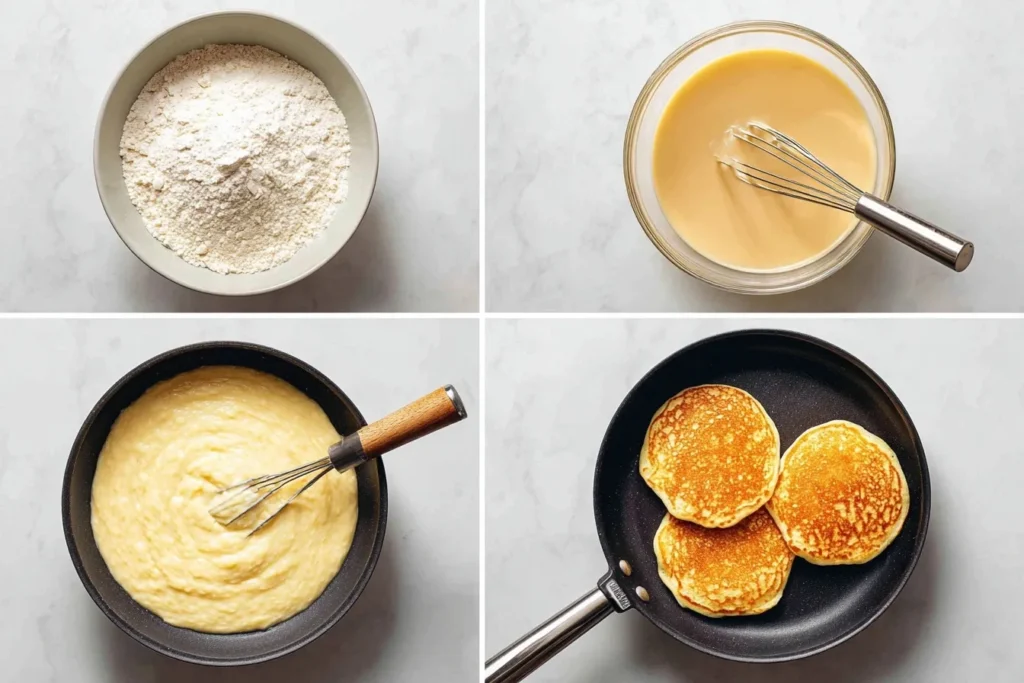 Pfannkuchen ohne Milch und Ei mit frischen Beeren und Ahornsirup auf einem Holzteller