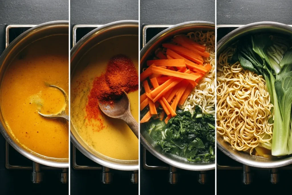 Ein Foto der fertigen Mie-Nudeln Suppe, die in einer tiefen weißen Schüssel angerichtet ist. Die Suppe enthält goldgelbe Nudeln, Pak Choi, Karottenstreifen und Zucchini in einer cremigen Kokos-Curry-Brühe. Garniert wurde sie mit frischen Korianderblättern, geschnittenen Frühlingszwiebeln und einer Limettenspalte. Im Hintergrund sind weitere asiatische Gewürze und Zutaten zu sehen, die den authentischen Touch unterstreichen.