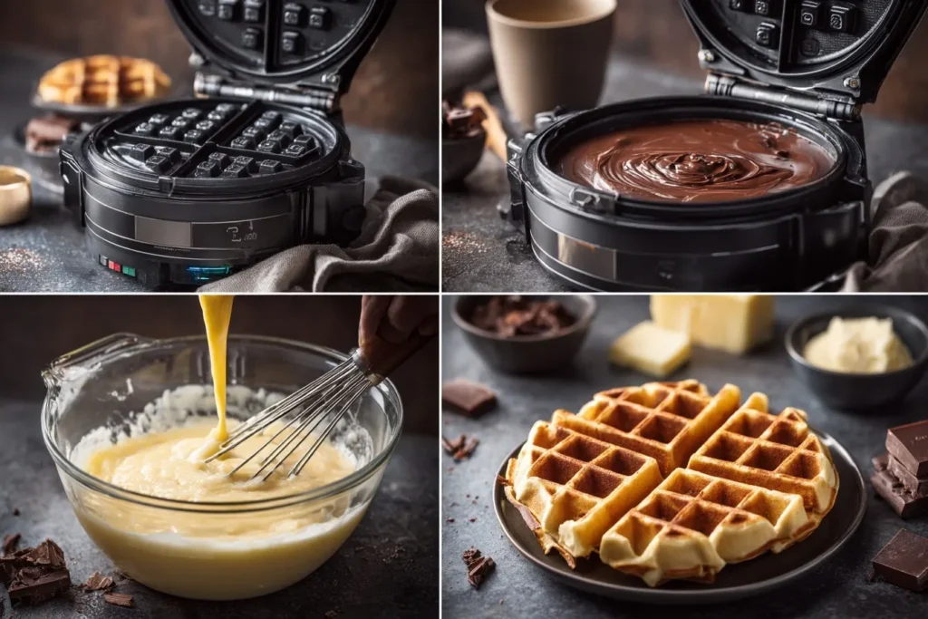 Glutenfreie Waffeln ohne Zucker mit dunkler Schokolade, garniert mit frischen Beeren und Kokosraspeln auf einem Holzteller.