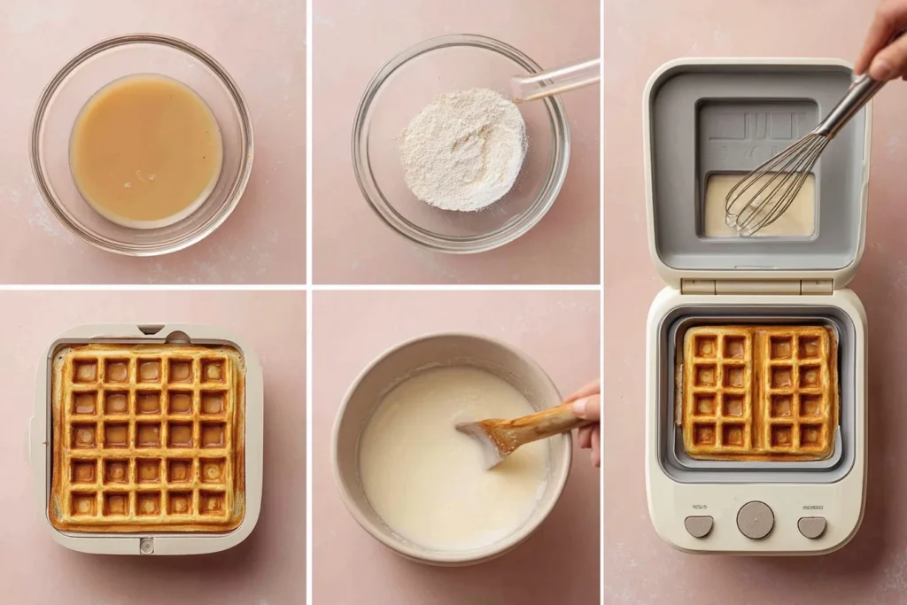 Goldbraune glutenfreie Waffeln ohne Ei, garniert mit frischen Beeren, Ahornsirup und einer Prise Zimt auf einem rustikalen Holzteller.