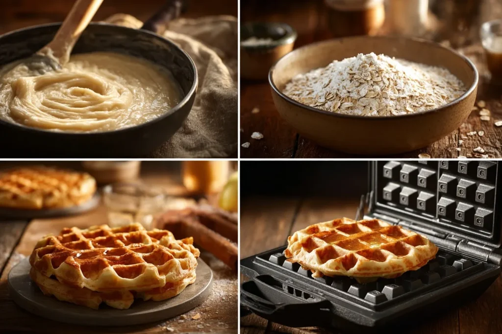Glutenfreie Waffeln vegan auf einem Holzbrett angerichtet, mit frischen Beeren, Ahornsirup und gerösteten Nüssen garniert – perfekt für ein schnelles Frühstück oder Brunch.