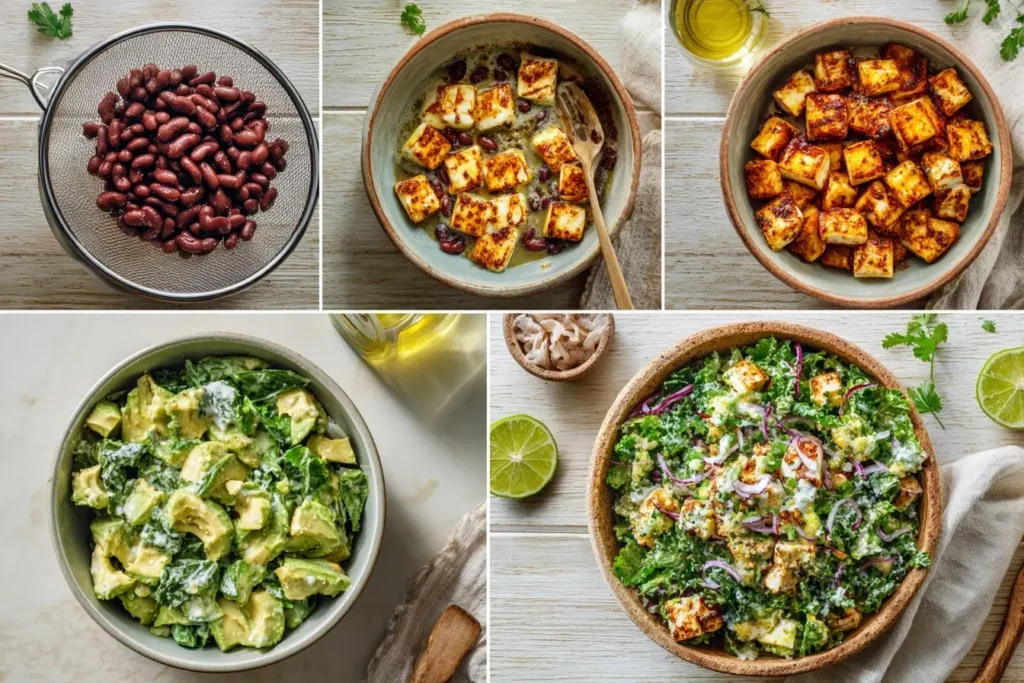 Leckerer Kidneybohnen Salat mit gegrilltem Halloumi, Avocado und knackigem Rucola auf einem weißen Teller angerichtet. Ein gesundes Low-Carb-Rezept, das in 30 Minuten zubereitet ist.