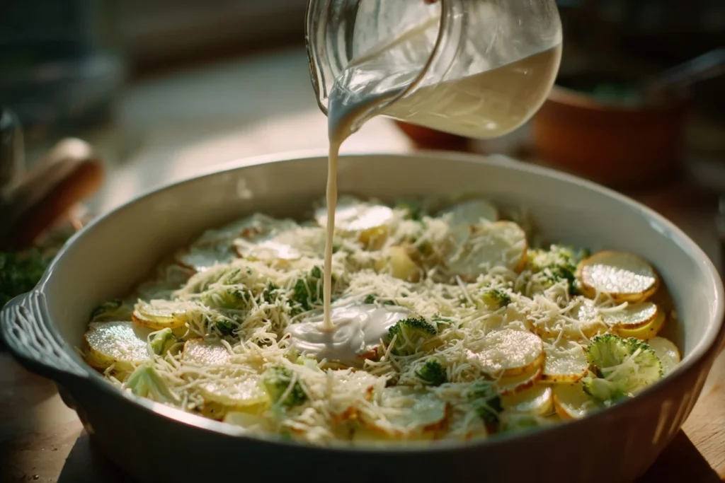 Kartoffel Brokkoli Auflauf mit frischen Kräutern und geschmolzenem Käse