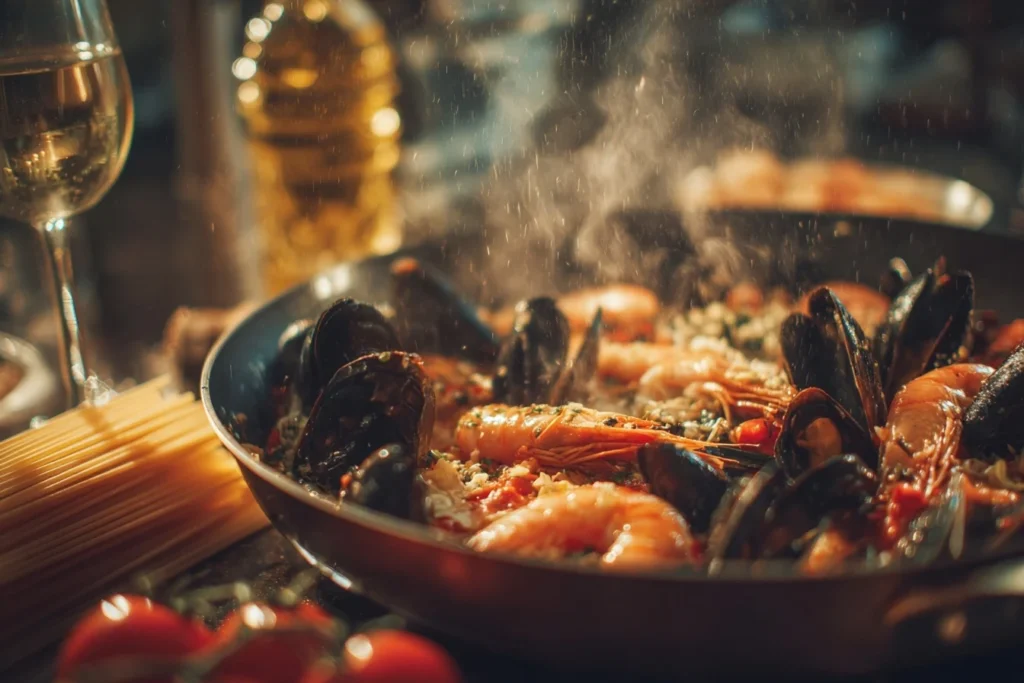 Spaghetti Frutti di Mare garniert mit Zitrone und Petersilie auf rustikalem Holztisch