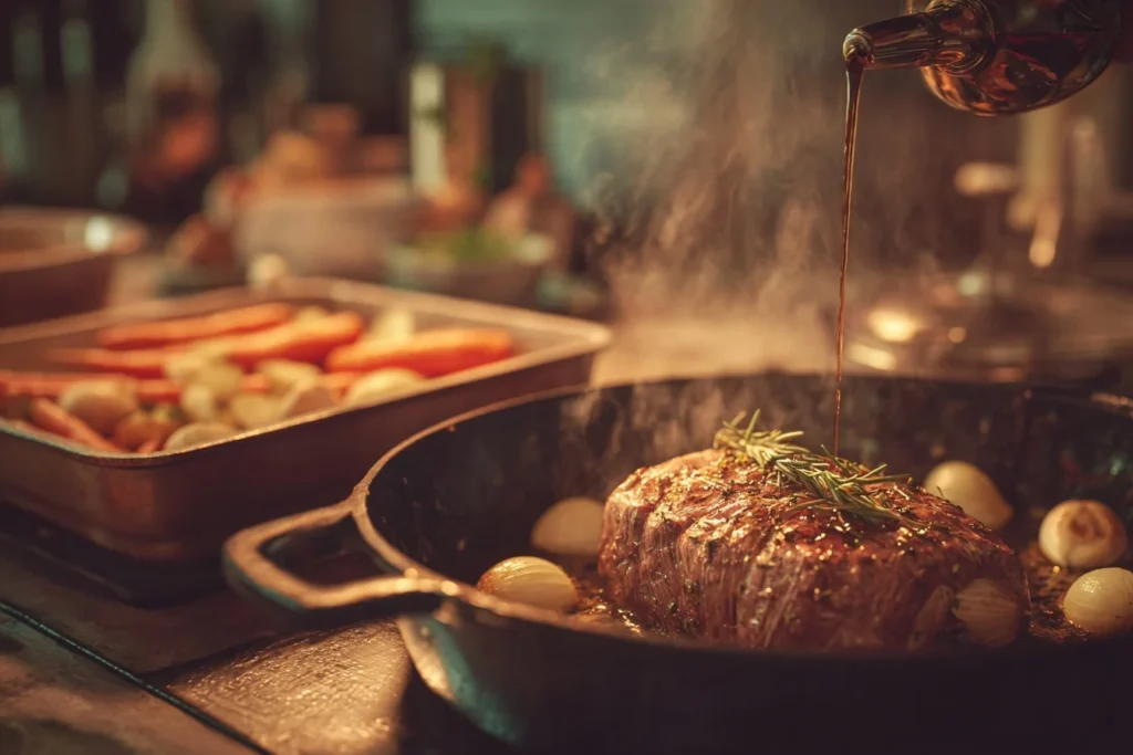 Rinderbraten im Backofen mit knuspriger Kruste und Beilagen, serviert auf einem Holzbrett