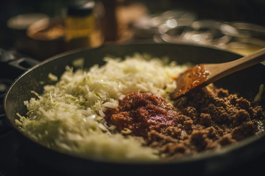 Weißkohl mit Hackfleisch im Backofen in einer rustikalen Form serviert