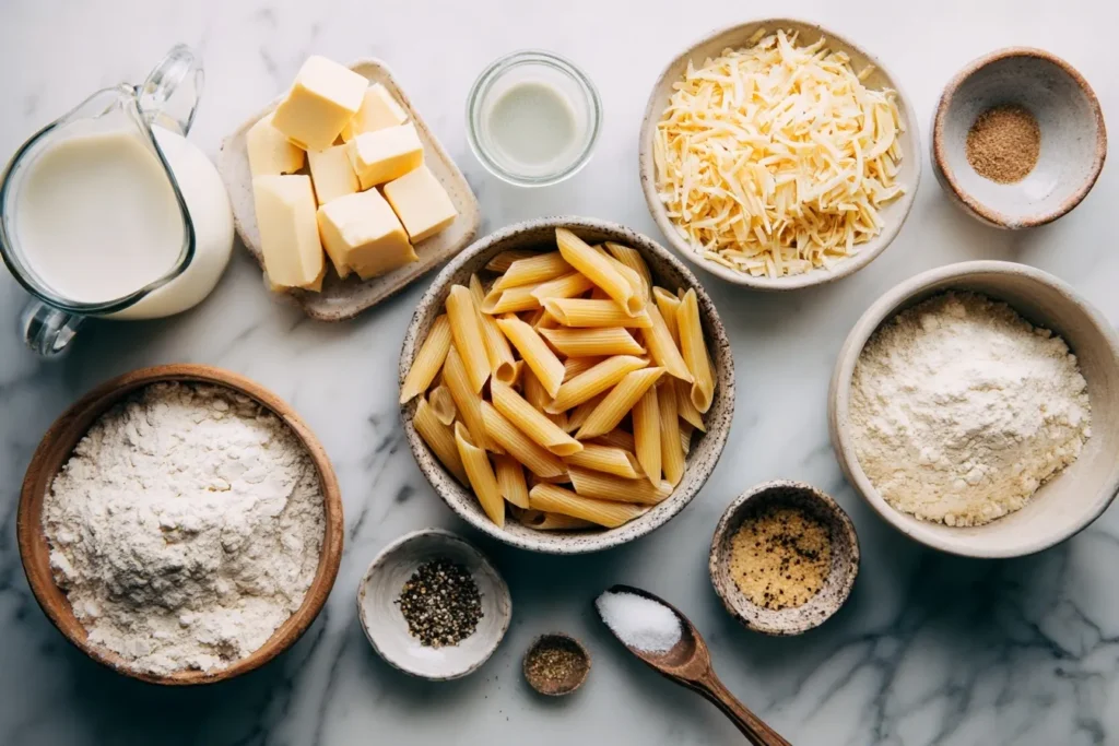 Nudeln mit Käsesoße, serviert in einer Schale mit frischem Parmesan und Petersilie