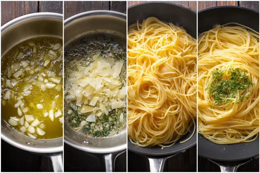 Knoblauch-Spaghetti Zubereitung: Kochende Spaghetti und Knoblauch in der Pfanne