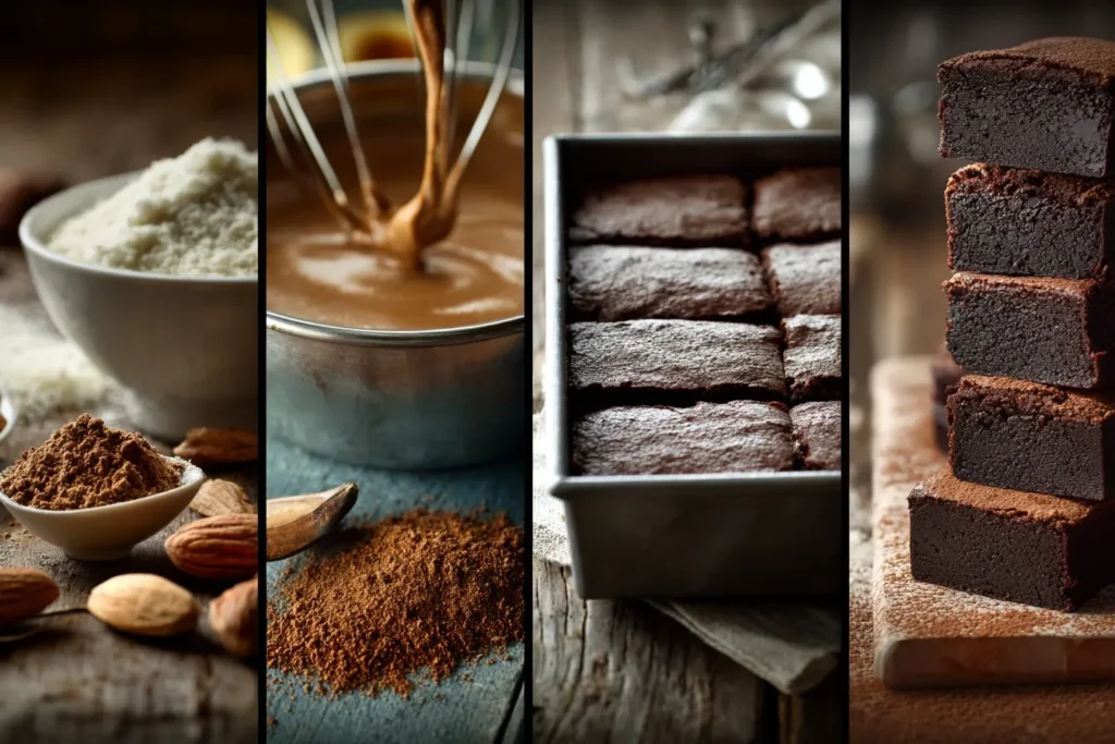 Wie backe ich glutenfreie Brownies: Saftige glutenfreie Brownies auf einem Holzbrett, garniert mit Puderzucker und frischen Himbeeren – perfekt für Naschkatzen.