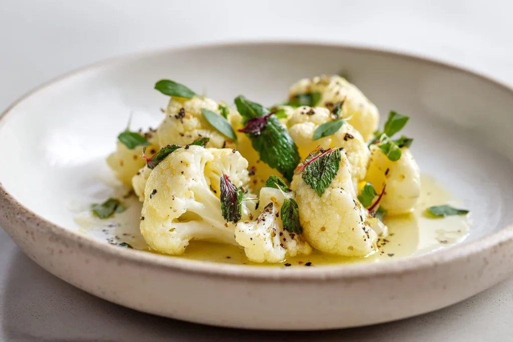 Fertig gekochter Blumenkohl auf einem weißen Teller, leicht mit Butter oder Olivenöl glasiert, perfekt serviert – Blumenkohl kochen