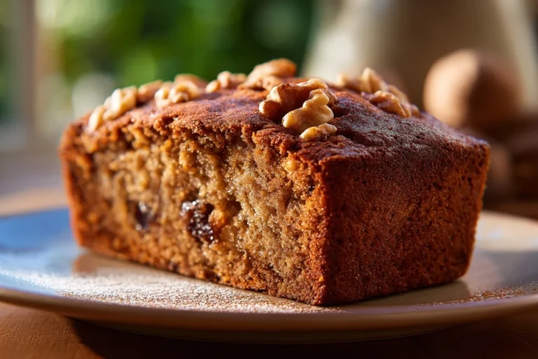 in festliches weihnachtliches Dessert, dekoriert mit Puderzucker, frischen Beeren und Tannenzweigen, serviert auf einem rustikalen Holzbrett.