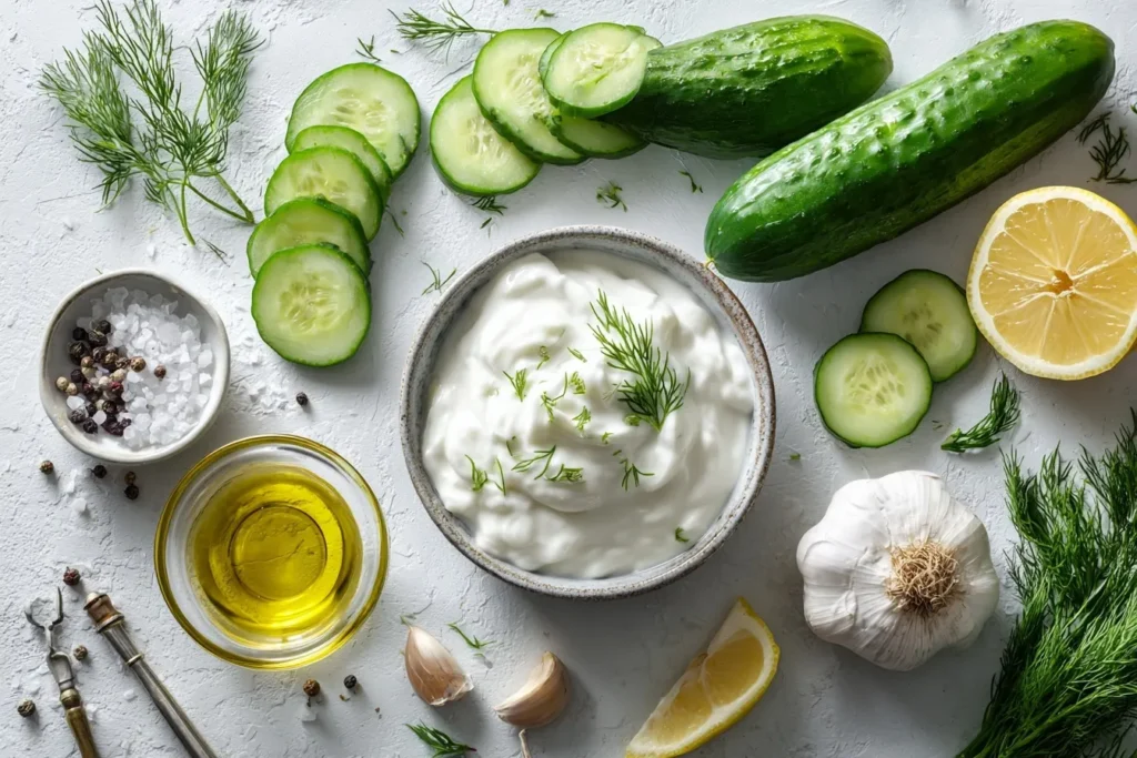 Salatdressing für grünen Salat, Frischer Gurken Joghurt Salat mit cremigem Dressing, garniert mit Dill und Sesam, serviert in einer Schüssel auf einem Holztisch