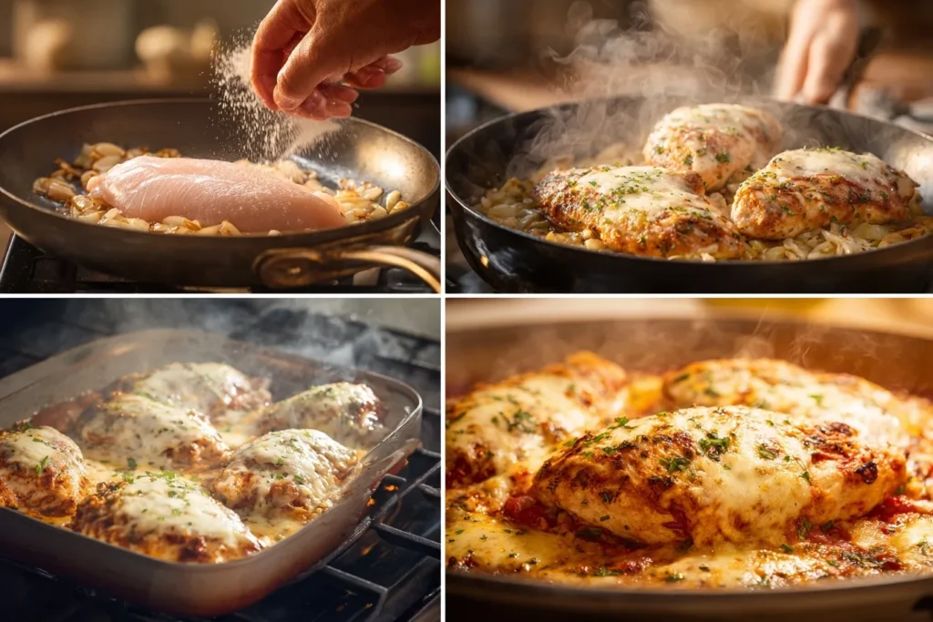 Golden-baked Mozzarella-Hähnchen in Tomaten-Sahne-Soße: Juicy chicken breasts in creamy tomato sauce, topped with melted mozzarella and fresh basil.