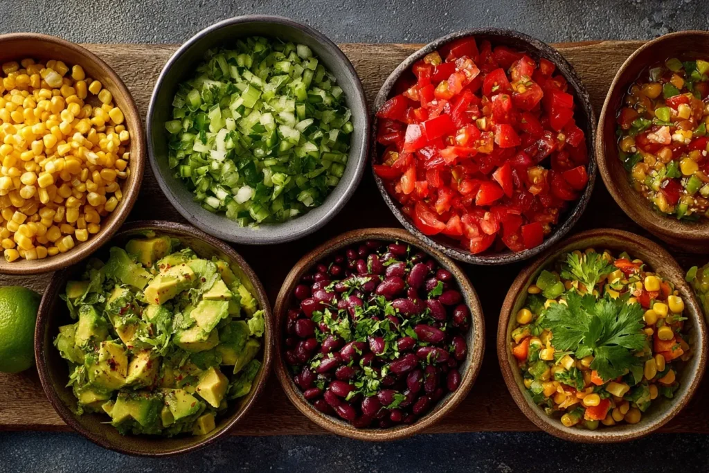 Ein bunter mexikanischer Salat mit Avocado, Kidneybohnen, Mais, Cherrytomaten und frischem Koriander, serviert in einer Schüssel mit Tortilla-Chips