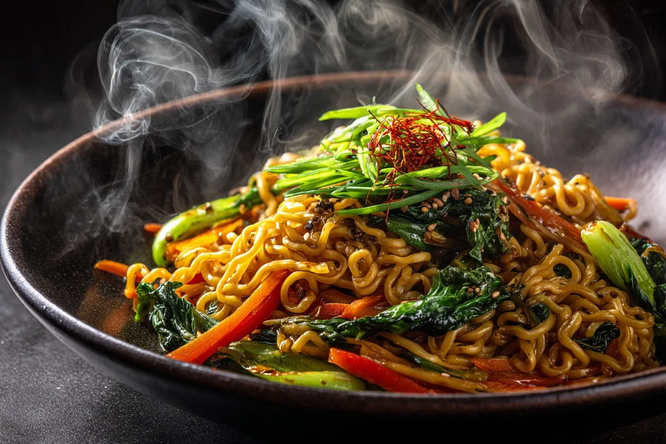 Chinesisches Gemüse mit Mie-Nudeln in einer Schüssel, garniert mit Frühlingszwiebeln und Sesamsamen – frisch, knackig und lecker!