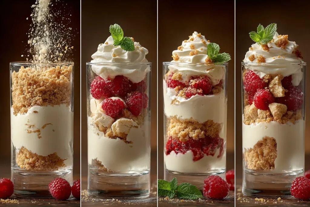 Himbeer-Spekulatius-Dessert in einem Glas mit Himbeeren, Creme und Spekulatius-Bröseln