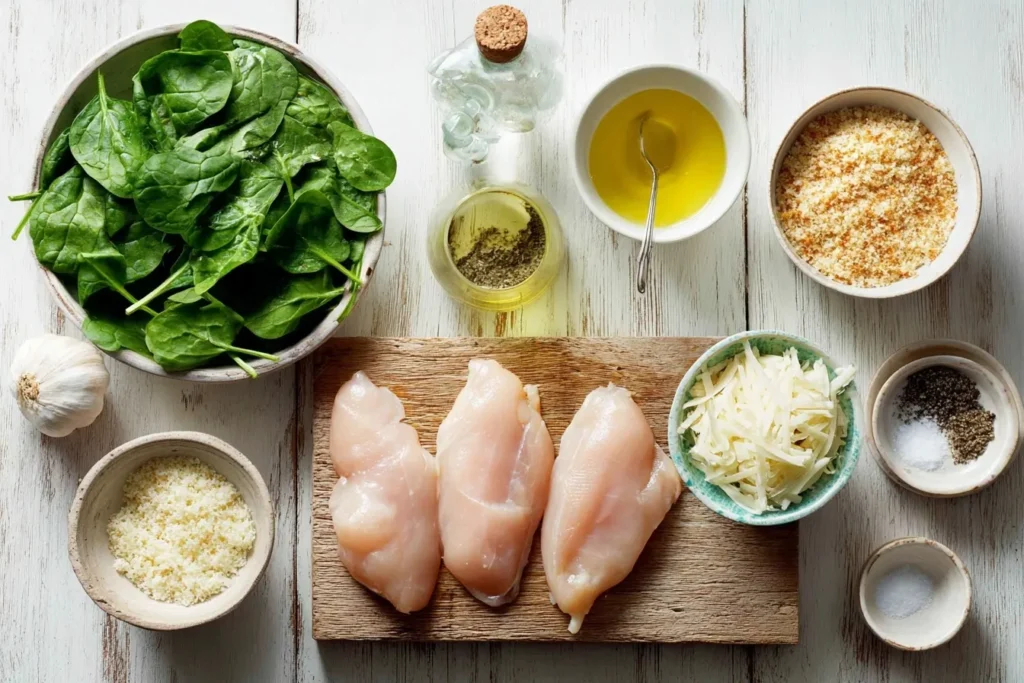 Parmesan Hähnchen mit Spinat, präsentiert mit goldener Kruste und grünem Spinat auf einem rustikalen Teller.