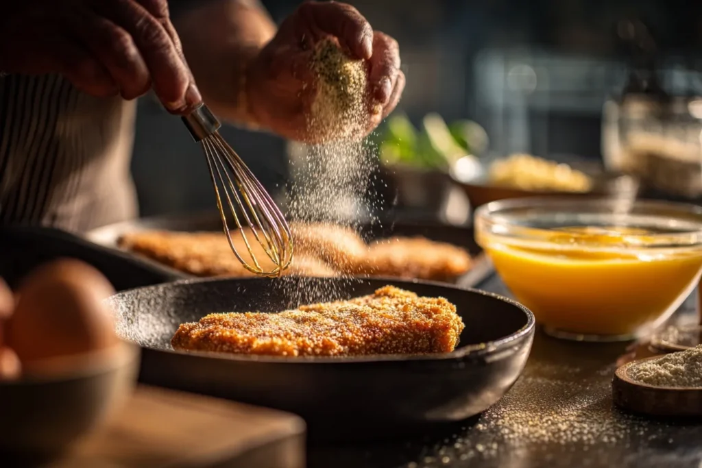 Low Carb-Schnitzel mit Parmesanpanade in warmem Licht fotografiert.