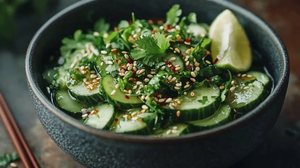 Asiatischer Gurkensalat mit Ingwer-Soja-Dressing in einer Holzschale, garniert mit Sesamsamen und Koriander.