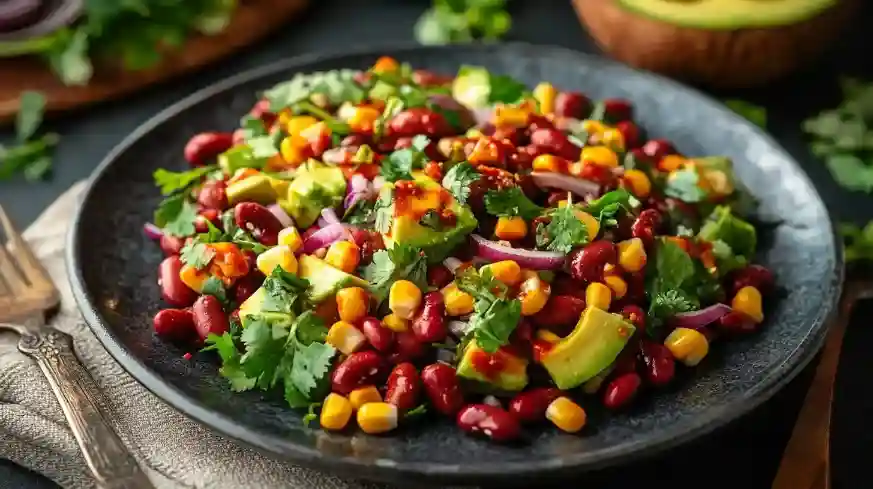 Bohnen-Mais-Salat mit Avocado, kreativ angerichtet auf einem schwarzen Schieferstein mit frischen Zutaten wie Kidneybohnen, Mais, Avocado-Würfeln und Koriander, garniert mit Chili-Limetten-Dressing
