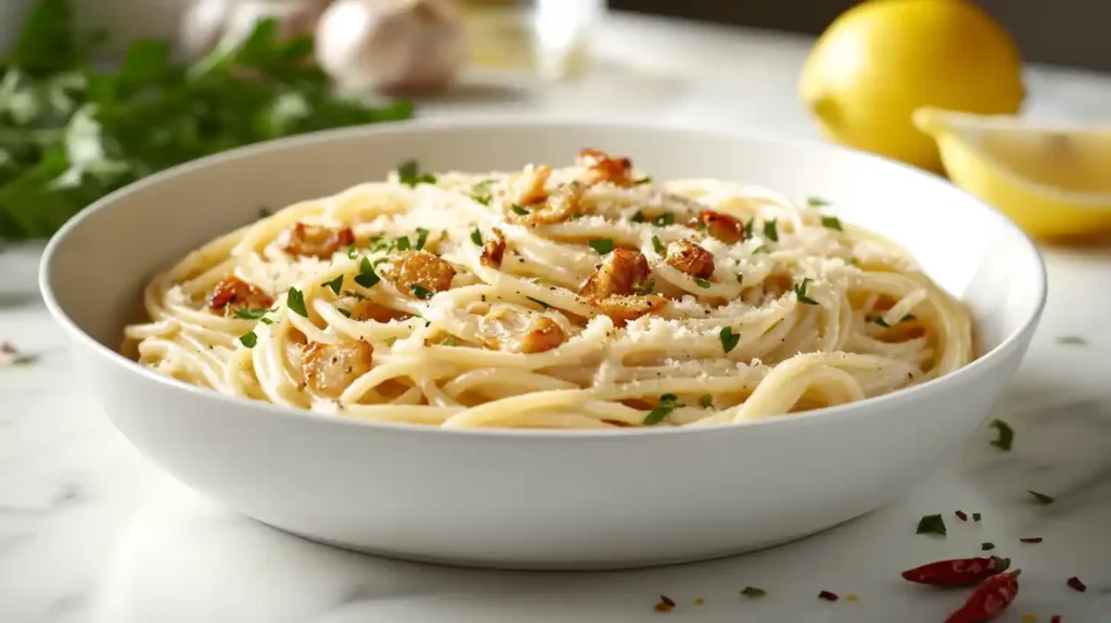 Knoblauch-Spaghetti fertig: Sahnehafte Spaghetti mit Knoblauchchips und Petersilie