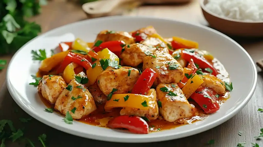 Leckere Hähnchen-Paprika-Pfanne mit frischen Paprikastreifen und cremiger Soße, garniert mit Petersilie