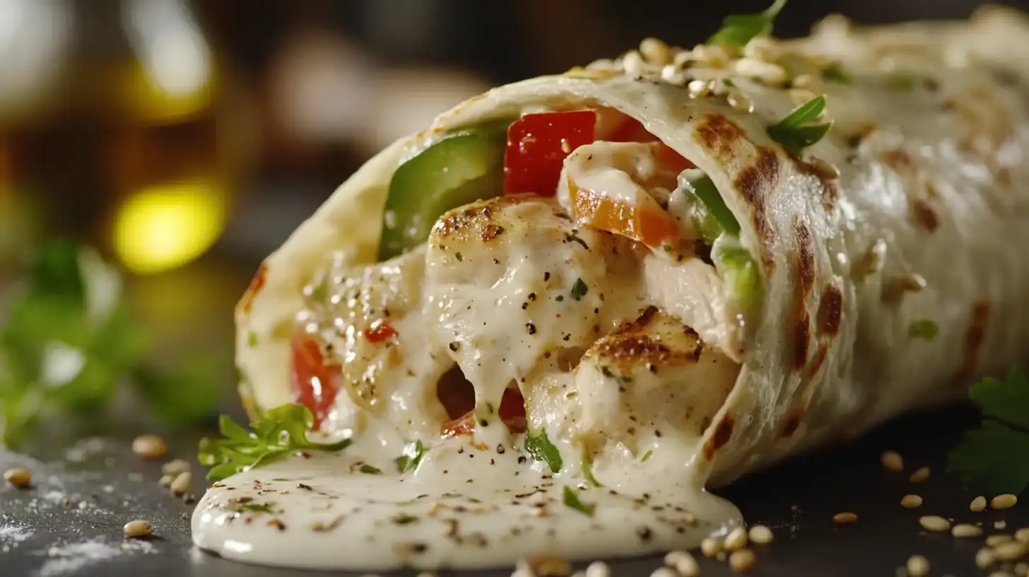 Köstliche Hähnchen-Wraps mit Gemüse und Käsefüllung, cremig und appetitlich präsentiert.