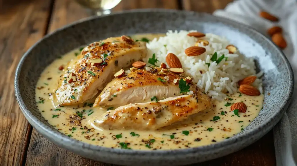 Hähnchen mit Sahnesauce und Reis – cremiges Hähnchen auf duftendem Basmati-Reis, garniert mit frischer Petersilie und gerösteten Pinienkernen.