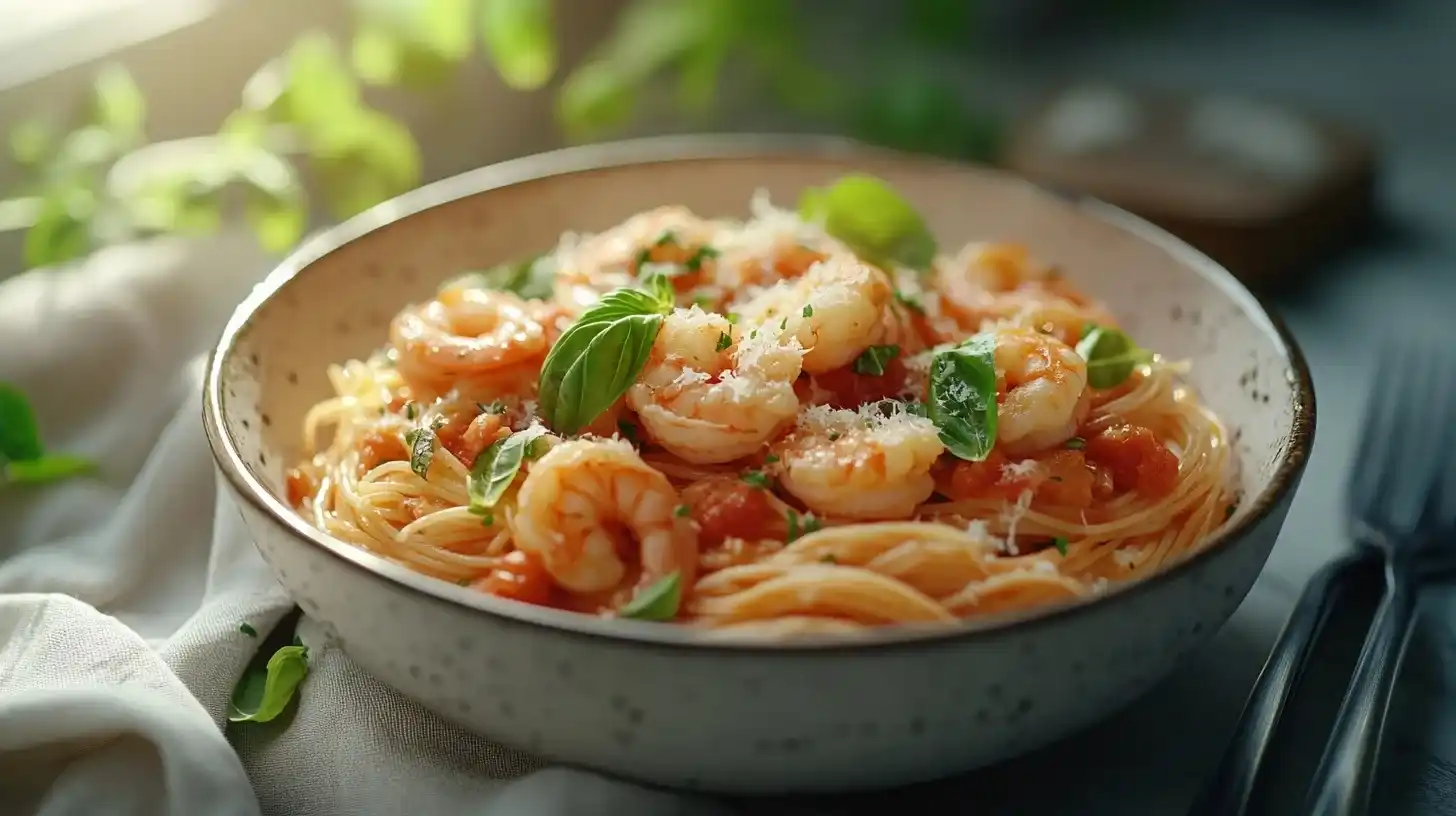 Italienische Spaghetti Mit Garnelen Und Tomaten-Sahne-Soße