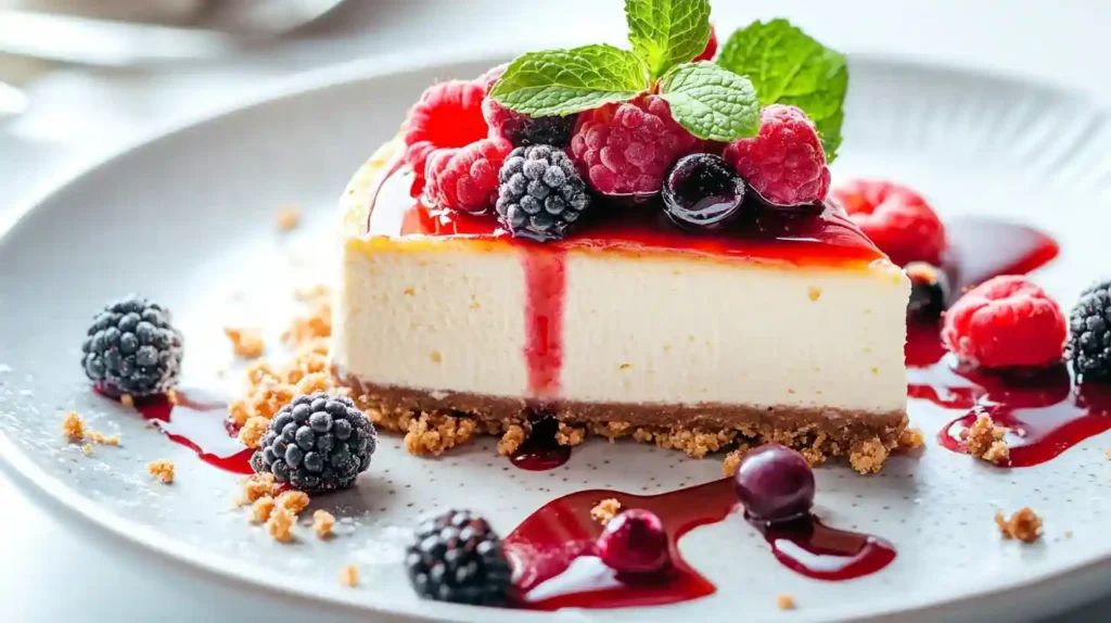 Low Carb Käsekuchen mit Mandelboden und Beerendekor