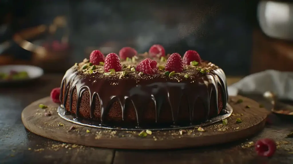 Low Carb Schokokuchen mit glänzender Glasur und frischen Himbeeren auf einem rustikalen Holztisch