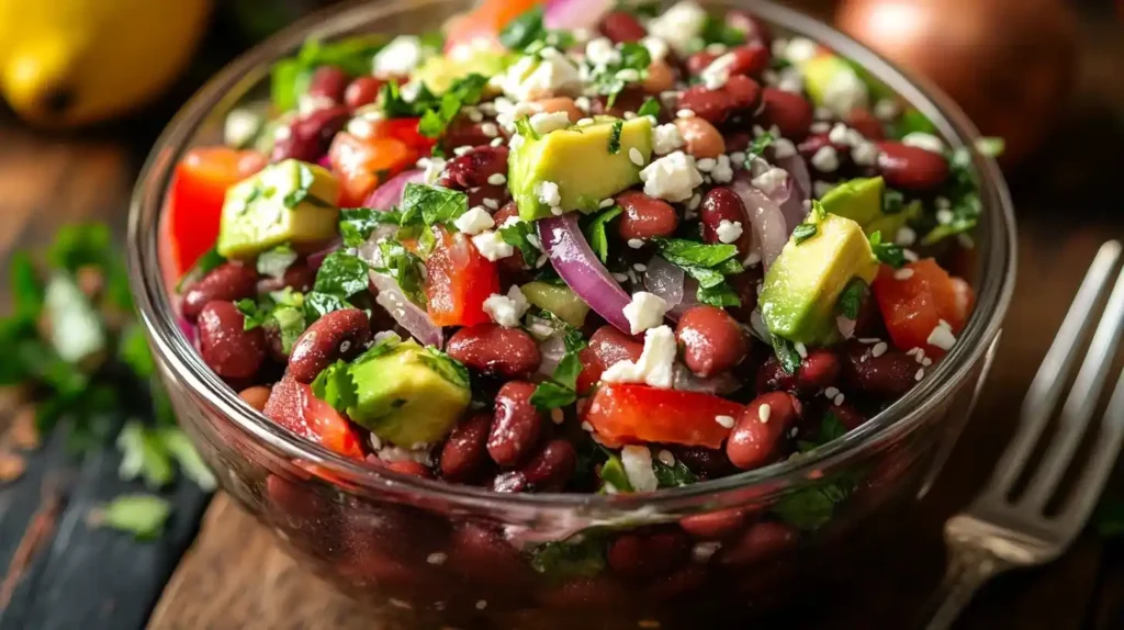 Rote Bohnen Salat in einer Schüssel mit frischem Gemüse, garniert mit Petersilie – ein schnelles, gesundes Rezept für jeden Tag.