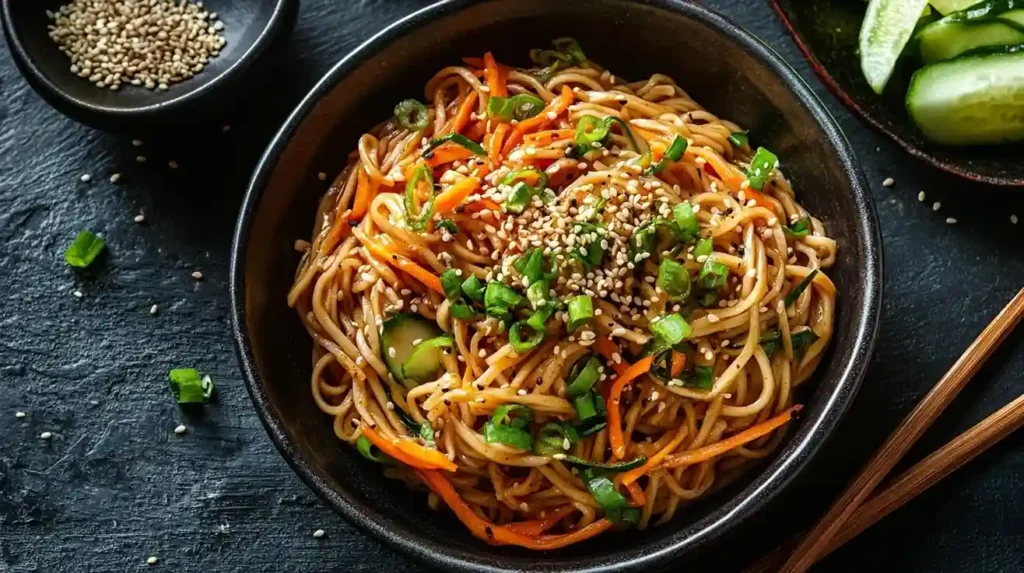 Entdecke das schnelle Rezept für Soba-Nudeln mit Sesam und Sojasauce, garniert mit Frühlingszwiebeln, Sesamsamen und Chiliflocken, serviert auf einem Holztisch.