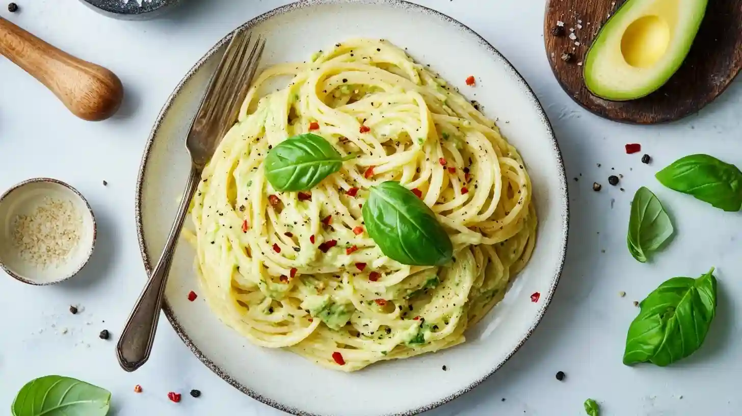 Spaghetti mit Avocado und Basilikum auf rustikalem Holztisch, garniert mit frischem Basilikum und Chili, in natürlichem Tageslicht.