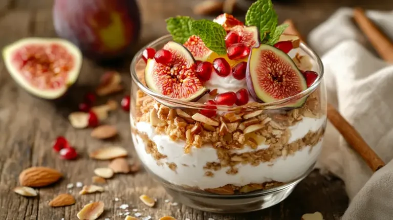 Griechisches Dessert mit Zutatenaufbau in 4K