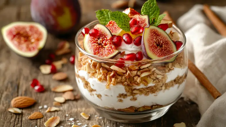Griechisches Dessert mit Zutatenaufbau in 4K