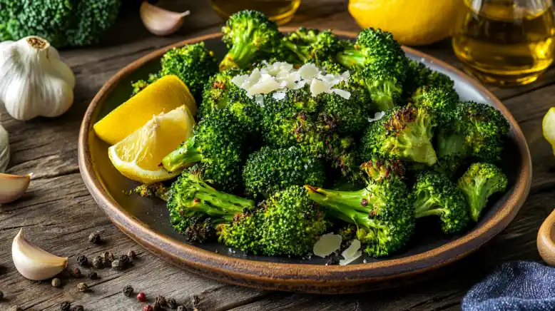Wilder Brokkoli zubereiten: Knuspriger Wilder Brokkoli im Ofen mit Zitrone und Parmesan – gesundes Superfood-Gericht auf Holzbrett serviert.