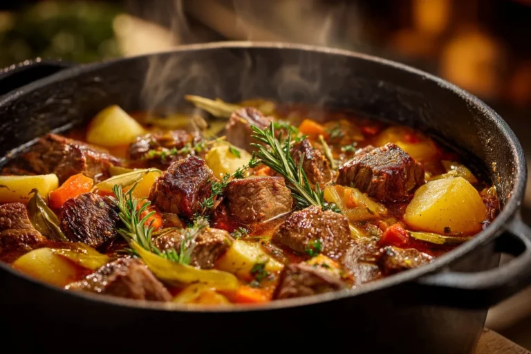 Rezept Eintopf mit Fleisch – Servierter fertiger Eintopf mit Rindfleisch, Kartoffeln, Gemüse und frischer Petersilie