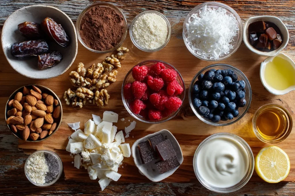 Zuckerfreie Süßigkeiten Zutaten auf Küchenarbeitsplatte - Datteln, Nüsse, Kakao, Kokosöl, Beeren, Agar-Agar, Honig, Ahornsirup, griechischer Joghurt, Kokosjoghurt, Vanille, Erythrit, Stevia