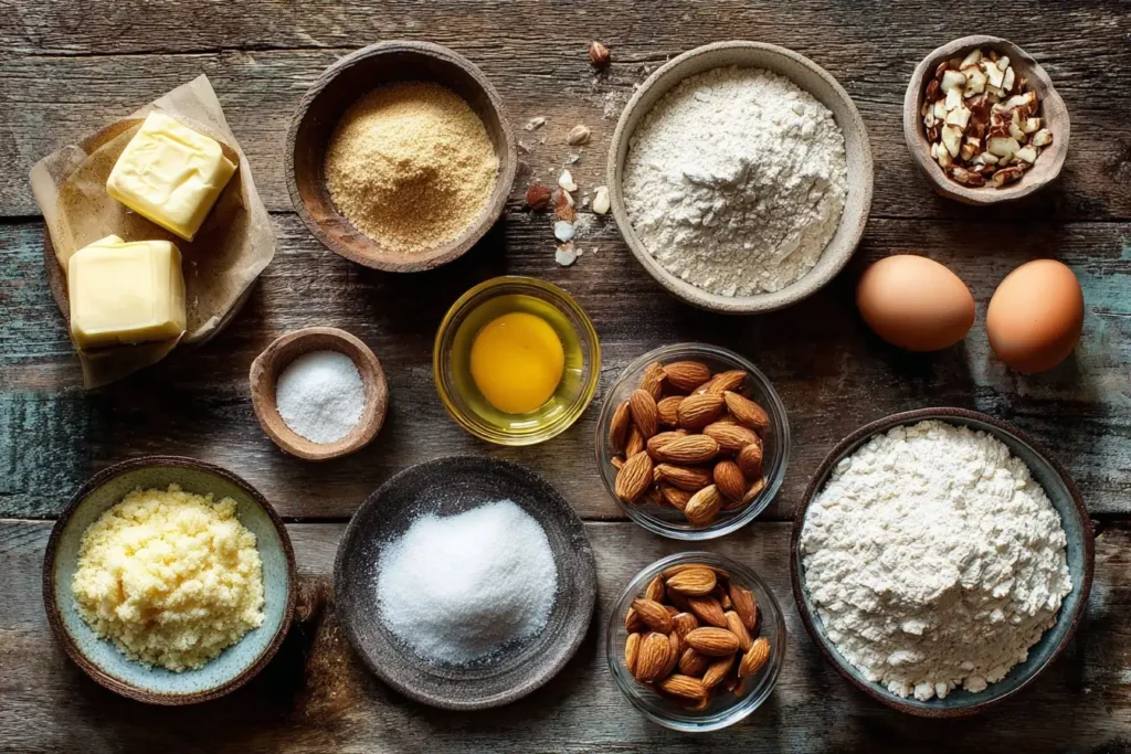 Zutaten für Mandelkuchen mit gemahlenen Mandeln, Butter, Zucker, Eiern, Mehl, Backpulver, Vanillezucker, Salz, Zitronenabrieb, Mandelblättchen und Puderzucker auf einem Tisch.
