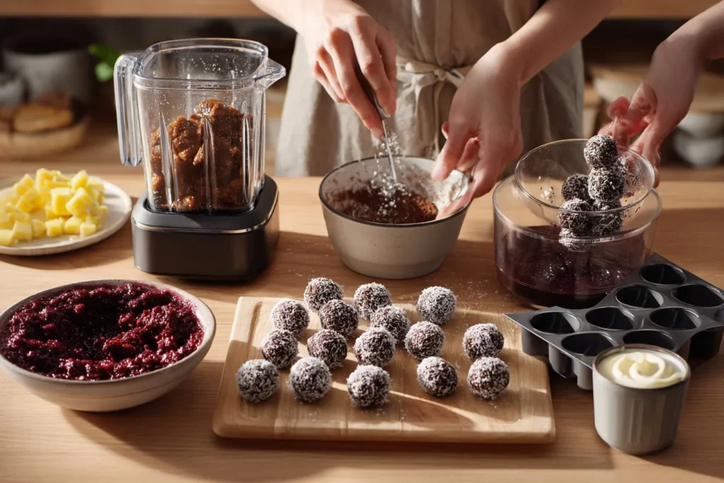 Zuckerfreie Süßigkeiten Zubereitung in vier Schritten - Dattel-Nuss-Mischung, Energiebällchen, Beeren-Gummis, Joghurt-Pralinen