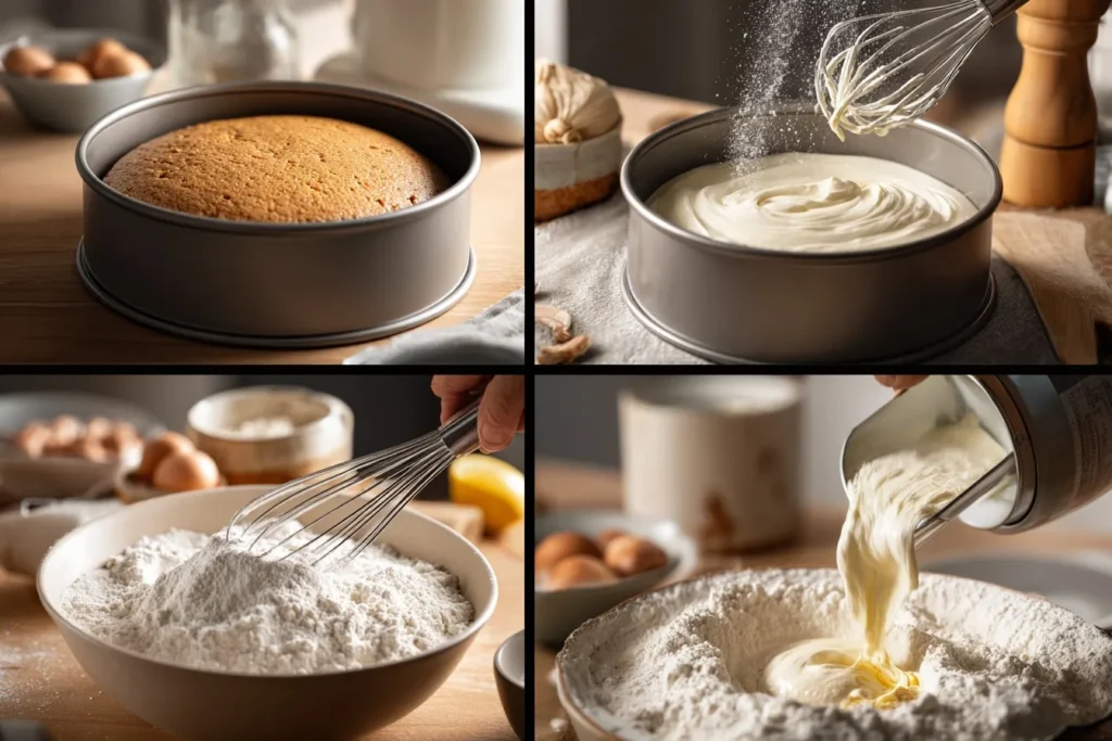 Schritte zur Zubereitung von Mandelkuchen mit Butter-Zucker-Masse, Eiern und trockenen Zutaten beim Backen.