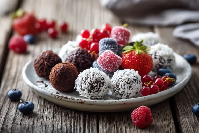 Zuckerfreie Süßigkeiten elegante Präsentation - drei Sorten auf Keramiktellern mit frischen Beeren dekoriert