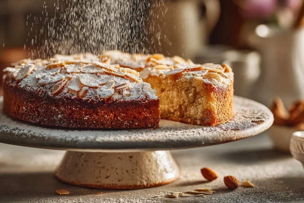Frisch gebackener Mandelkuchen mit Mandelblättchen und Puderzucker auf einem Kuchengitter.