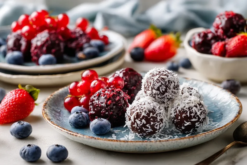 Zuckerfreie Süßigkeiten auf rustikalem Holzteller - Schokoladen-Energiebällchen, Beeren-Gummis, Kokosjoghurt-Pralinen, frische Beeren