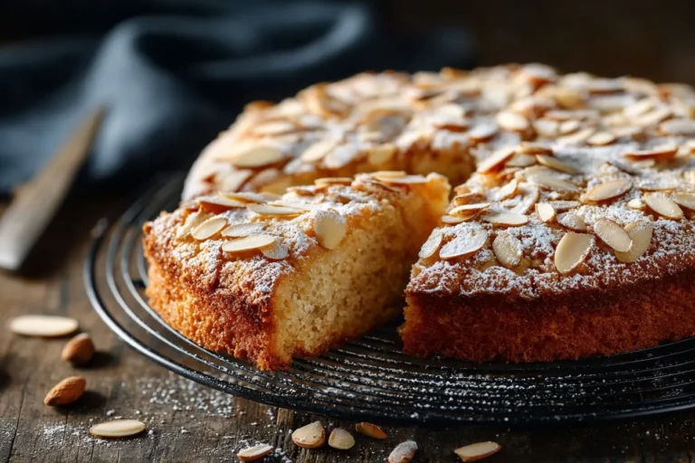 Frisch gebackener Mandelkuchen mit Mandelblättchen und Puderzucker auf einem Kuchengitter.