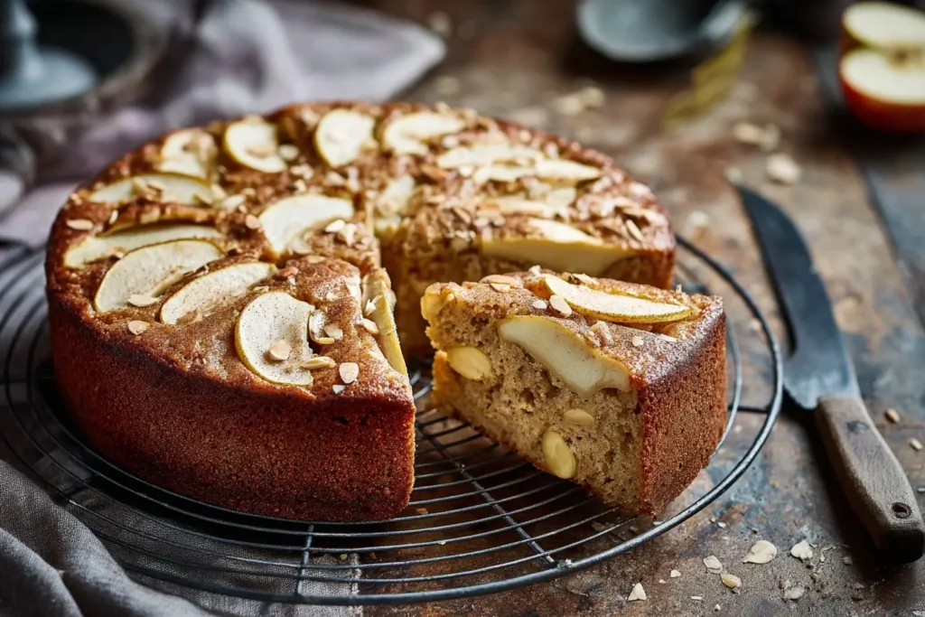 Saftiger kuchen ohne zucker mit Apfelscheiben und Mandeln auf einem Kuchengitter, goldbraun gebacken und angeschnitten