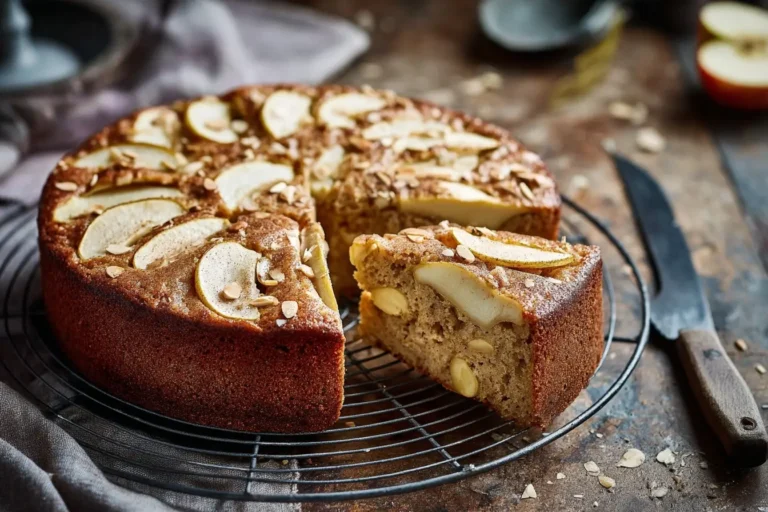 Saftiger kuchen ohne zucker mit Apfelscheiben und Mandeln auf einem Kuchengitter, goldbraun gebacken und angeschnitten